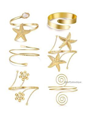 6pc Boho Brass Arm Cuff Set Starfish Flower Adjustable Stackable Bracelets